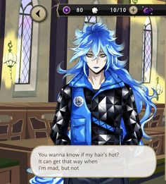 an anime character with blue hair standing in front of a church window and looking at his cell phone