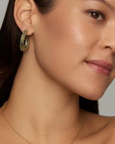 18K Yellow Gold Hoop Earring with Oval Shaped Light Green Tourmaline 1 Inch Diameter Style# YEOVHLGT Gold Hoop Earring, Pear Shaped Ring, Floral Necklace, Opal Earrings, Bracelet Collection, Green Tourmaline, Gold Hoop, Gold Hoop Earrings, Opal Rings