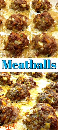 meatballs on top of cheese and sauce in a pan with the words meatballs above it