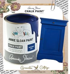 a blue painted cabinet next to a white paint can with the words annie sloan paint on it