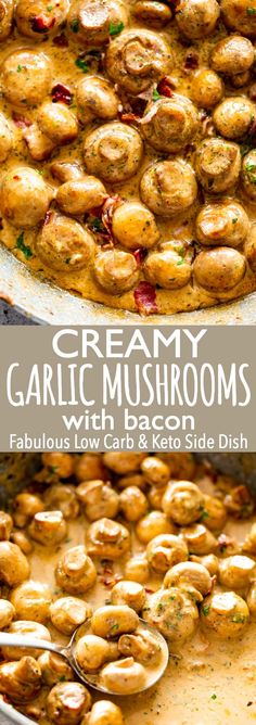 creamy garlic mushrooms with bacon in a skillet and on a plate, ready to be eaten