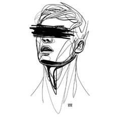 a black and white drawing of a woman with blindfolds on her head, looking to