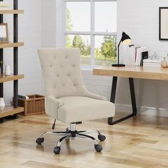 an office chair with wheels and casteors in front of a desk, bookshelf and window