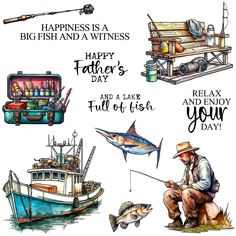 watercolor and ink drawings of fishing related items for father's day greeting card