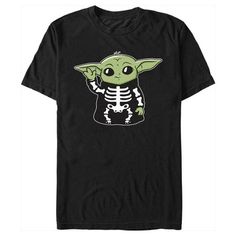 This spooky season when your Mandalorian armor is at the cleaners, give this officially licensed Star Wars: The Mandalorian Halloween Grogu Skeleton Costume Men's T-Shirt a try instead! Take up the reins as a Mandalorian gunfighter exploring the galaxy. This awesome Star Wars tee features a graphic of Grogu, the cute green baby alien dressed up in a skeleton costume across the front. Celebrate the Star Wars-inspired television series, The Mandalorian with this fun tee today! Black Fandom T-shirt For Halloween, Black T-shirt For Halloween And Fan Conventions, Black T-shirt For Halloween Fan Conventions, Halloween Fandom Tops For Fan Merchandise, Halloween Fandom Fan Merchandise Tops, Star Wars Tee, Mandalorian Armor, Skeleton Costume, Star Wars Men