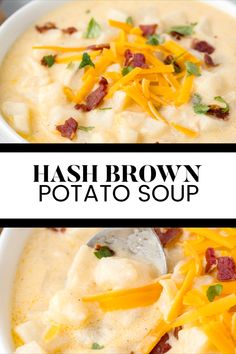 two bowls of hashbrown potato soup with bacon and cheese on top, one in a white bowl