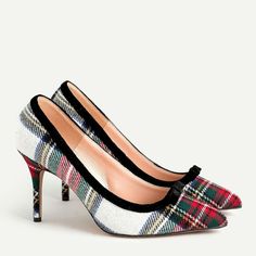 J Crew NWB $278 Elsie Bow Pumps in Snowy Stewart Tartan | Sz 12 Can a shoe be more beautiful? Product Details Color: Cream Multi Product Details Our classic pumps, with a just-right height, a slightly curved heel and a perfectly pointed toe. Just in time for the festive season, this pair features a dainty velvet trim and bow and our classic snowy Stewart tartan. Fabric upper. Leather lining. Regenerated leather sole. Import. Online only. Item AT871. Size & Fit 3 1/2" (90mm) heel. Great pattern J Preppy Holiday Outfit, Tartan Shoes, Plaid Heels, Chic Over 50, Stewart Tartan, Circle Dress, Bow Pumps, Classic Pumps, Velvet Bow