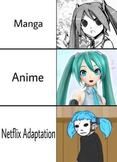 four different anime characters with captions in the middle one says manga, anime and netflix