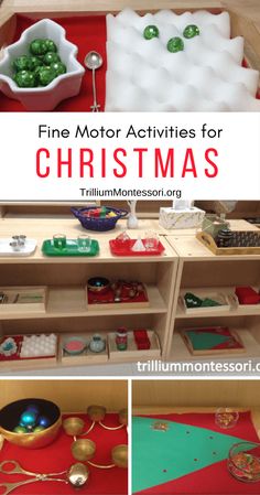 a table with christmas decorations on it and the title reads fine motor activities for christmas