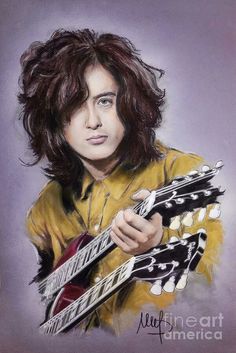 a drawing of a man with long hair holding an electric guitar in his right hand