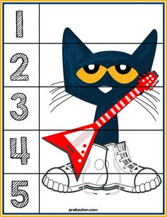 a black cat with yellow eyes is holding a red guitar in front of the numbers