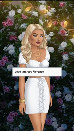 a woman standing in front of flowers with the words love interest florence on her chest