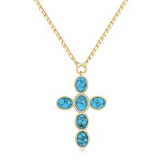 PRICES MAY VARY. Design - The turquoise cross necklace is a statement necklace in gold featuring a turquoise beaded cross pendant with CZ stones for added shine. The blue cross pendant symbolizes healing, and the gold CZ cross necklaces for women suggest transition, balance, unity, hope, and life. Size & Material - Vintage cross necklace featuring a 42*28mm turquoise pendant, hanging on the 18’’ length Box chain. Crafted with 18k real gold-plated brass, the chunky turquoise cross necklace is hyp Turquoise Jewelry Western, Protection Prayer, Vintage Cross Necklace, Turquoise Cross Necklace, Cross Necklaces, Pearl Love, Faith Jewelry, 18k Gold Chain, Turquoise Cross