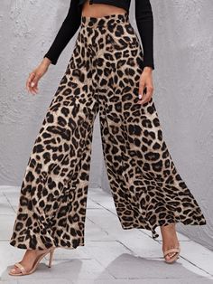 Multicolor Elegant   Polyester Leopard Wide Leg  Non-Stretch Spring/Summer/Fall Women Bottoms Leopard Pants, Printed Wide Leg Pants, Print Pants, Women Pants, Elastic Waist Pants, Pantalon Large, Trendy Fashion Women, Long Sleeve Casual, Wide Leg Trousers