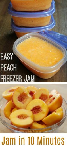 peaches in plastic containers with text overlay that says easy peach freezer jam