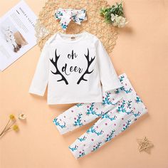 Baby Girls Cartoon Letter Top & Printed Pants & Headband Baby Wholesale - PrettyKid White Family Matching Sets For Winter, Family Matching White Sets For Winter, White Cotton Sets With Matching Headband, Headband Fabric, Printed Romper, Fancy Fabric, Cartoon Letters, Deer Print, Girls Cartoon