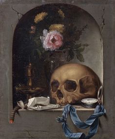 a painting of a human skull on a ledge