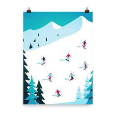 a poster with skiers skiing down a snowy hill in front of pine trees and mountains