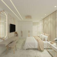 a bedroom with a large bed and white walls