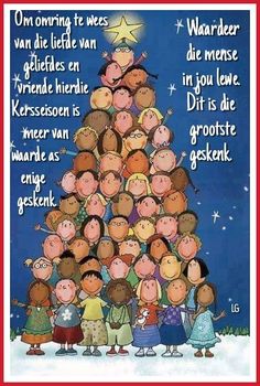 a christmas tree with children standing around it and the words written in german on top