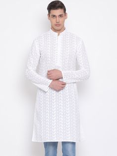 Vastramay Men's White Pure Cotton Chikankari Kurta White Cotton Sherwani With Cutdana, Transitional Cotton Sherwani With Chikankari Embroidery, White Cotton Kurta With Zari Work, White Cotton Sherwani With Zari Work, White Cotton Sherwani For Transitional Season, White Traditional Fit Kurta For Ceremonies, White Cotton Sherwani For Festivals, White Cotton Kurta With Pallu, Cotton Sherwani With Chikankari Embroidery In Traditional Fit