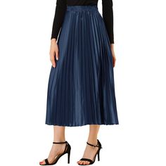 Accordion pleats enhance the dimension and movement of this midi skirt, while the metallic design underscores its sleek style. It's pleated all around for this trending midi skirt. Feel free to pair it with black block-heel sandals. Whether you're dressing up or down, this skirt is perfect for any occasion. A casual and simple style, never out of fashion, is a must-have item in your wardrobe. This fashionable and trendy clothes for women can not only be worn daily, but can also be easily matched Black Block Heel Sandals, Metallic Pleated Skirt, Metallic Design, Midi Flare Skirt, Metallic Skirt, Mid Length Skirts, Beautiful Skirts, Trendy Clothes For Women, Sleek Fashion