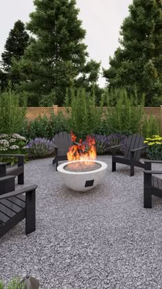 an outdoor fire pit surrounded by black chairs and gravel area with trees in the background