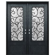 a black double door with wrought iron designs