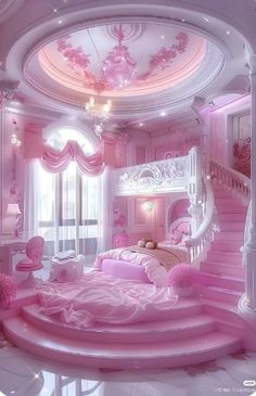 this is a bedroom with pink walls and carpeted flooring that looks like it has stairs leading up to the ceiling