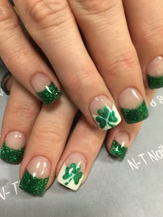 N-T nails & spa St Patricks Nail Designs, Nail Art Vert, Shamrock Nails, Green Nail Art, Green Nail Designs, Green Tips