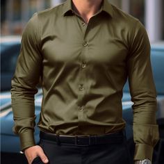 Men's Long Sleeve Shirt Solid Color: Army Green Olive Green Dress Outfit, Casual Suits Men, Men's Boutique, Ralph Lauren Denim Shirt, Olive Green Shirt Dress, Green Dress Outfit, Outfit Choices, Boutique Shirts, Formal Men Outfit