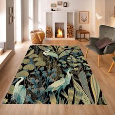 a living room with a rug that has birds and plants on it in front of a fire place