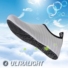 an advertisement for ultralight running shoes in the air with bubbles floating above it and below