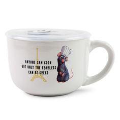 a white mug with an image of a mouse on the side and words that read anyone can cook but only the fearless can be great