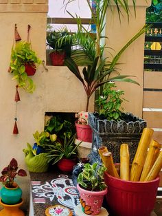 various potted plants and other decorative items on a table outside an indoor space with a fire place in the background