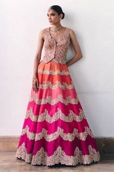 Orange and pink lehenga with resham, zardosi and pearl embroidery in floral paisley pattern. Paired with a waistcoat with floral cutwork embroidery. - Aza Fashions Designer Pink Lehenga With Floral Embroidery, Festival Pink Resham Embroidery Lehenga, Pink Raw Silk Lehenga With Intricate Embroidery, Pink Lehenga With Printed Motifs, Pink Lehenga With Floral Embroidery, Mrunalini Rao Lehenga, Cultural Wear