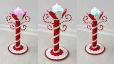 three pictures of a candle holder made out of candy canes