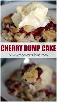 cherry dump cake with ice cream on top is shown in two different pictures and has the words cherry dump cake above it