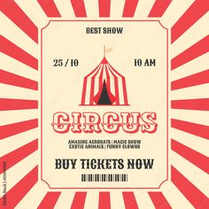 the circus ticket is displayed in front of a red and white background with an image of a