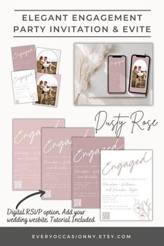 These 5x7 engagement party invites show three shades of pink in dusty rose to choose from, an optional qr code rsvp layout, arch photo template for back and a smartphone template option as well. Wedding Day Invitations, Elegant Engagement Party, Arch Photo, Full Names, Invitation With Photo, Bridal Party Outfit, Dusty Rose Wedding, Wedding Details Card, Boho Wedding Inspiration