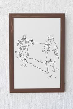 a drawing of two people walking down a hill