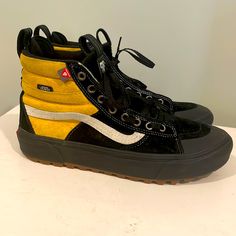 Euc Vans Sk-8 Hi Mte-2. Uppers/Suede, Insoles, And Treads Are In Great Condition. I Put On Brand New Laces Too. Perfect Vans Heel Logos!!!These Shoes Are Fast Shipping And 250+ Five Star Ratings!!! Yellow High-top Sneakers With Rubber Waffle Outsoles, Yellow Suede Sneakers For Streetwear, Mid-top Suede Sneakers For Winter, Suede Sneakers For Streetwear In Winter, Winter Mid-top Suede Sneakers, Winter Suede Sneakers For Streetwear, Winter Suede Mid-top Sneakers, Yellow Suede High-top Sneakers, Yellow Leather Sneakers For Outdoor