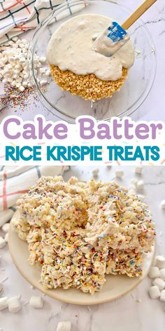 cake batter rice krispie treats on a plate with sprinkles