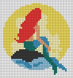 a cross stitch pattern with a woman sitting on top of a surfboard in the ocean