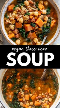 vegan three bean soup with spinach and chickpeas