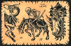 three skeletons riding horses and two demon on horseback