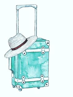 a drawing of a suitcase with a hat on top