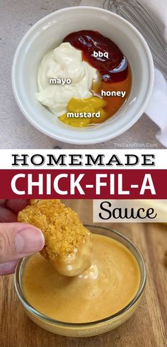 homemade chicken filla sauce in a bowl with the words, homemade chicken filla sauce