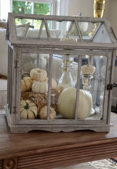 a glass case with pumpkins and gourds in it sitting on a table