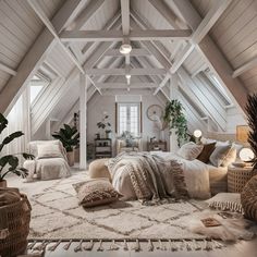 an attic bedroom with white walls and wooden beams, large rugs on the floor